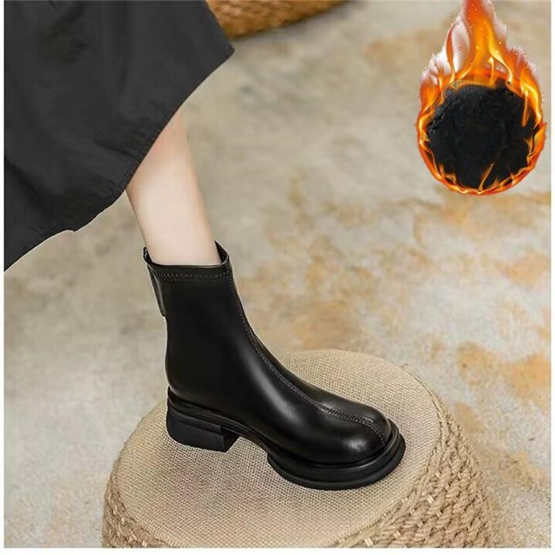 Soft Leather Shoes with Fleece Thick-soled Boots, Women's Height-increasing Cotton Ankle Boots, and Chunk-heeled Boots