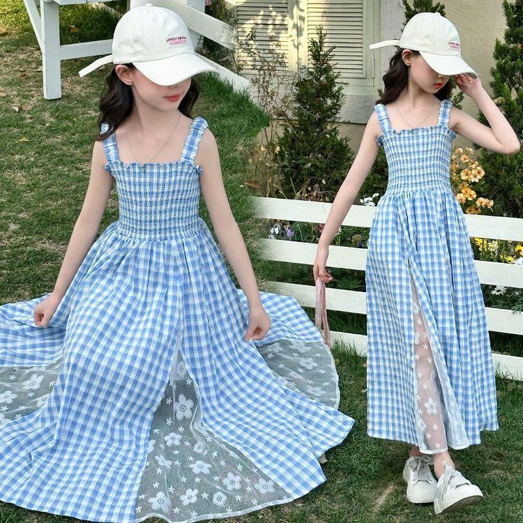 Girls Summer Korean Plaid Mesh Waist Cinch Dress Big Kids Chic Casual Elegant Tulle Sundress