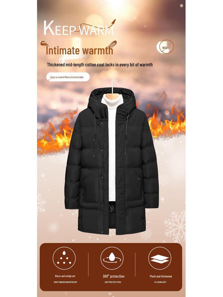 2025 Men's Mid-Length Hooded Winter Jacket - Thick Plus Size Cotton-Padded Coat