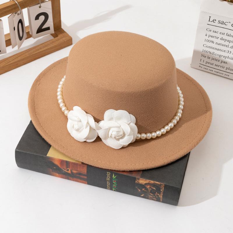 New Bridal Hat French Black Big Edge Top Hat Elegant Retro Hepburn British Flat Top Pearl Big Edge Hat Tide