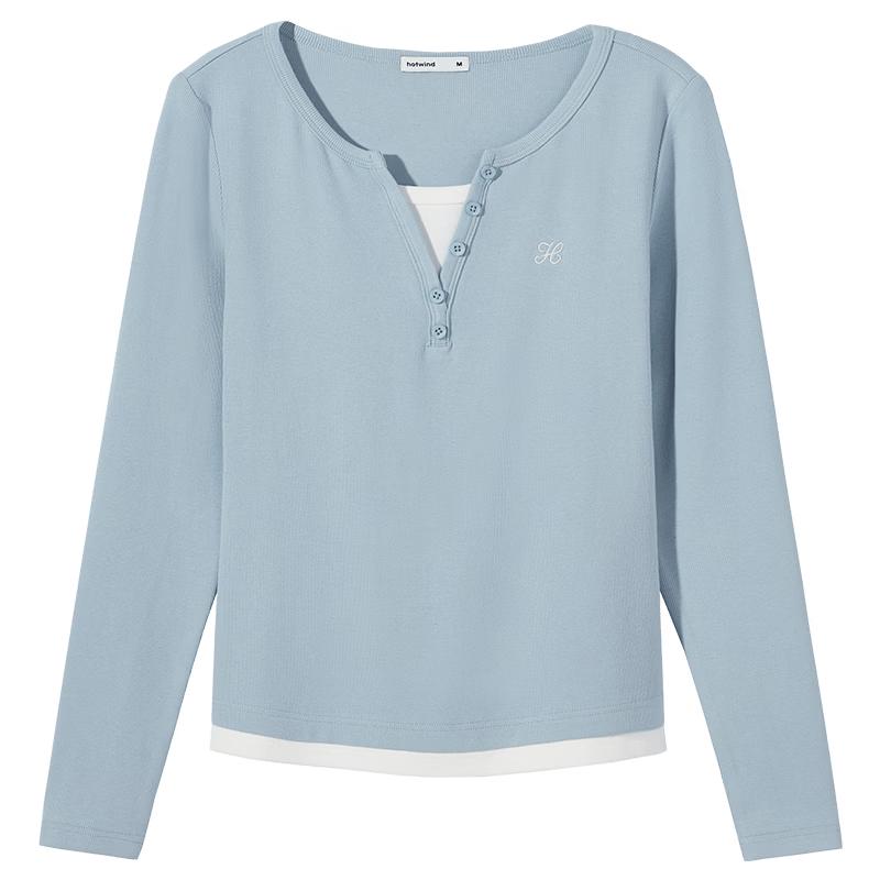 Hotwind Women's Faux Two-Piece Long Sleeve V-Neck T-Shirt