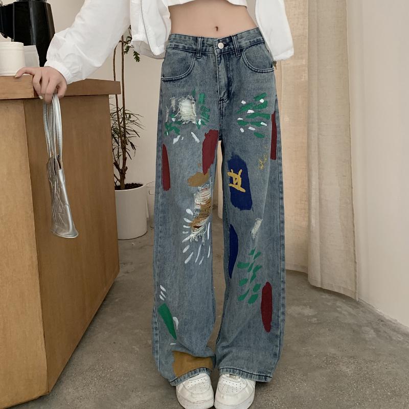 Módní Barevné Čmáranice Roztrhané Džíny Dámské S Vysokým Pasem Slim Rovná Noha Široké Kalhoty Dámské Vintage Modré Ležérní Džínové Kalhoty Dáma 24247