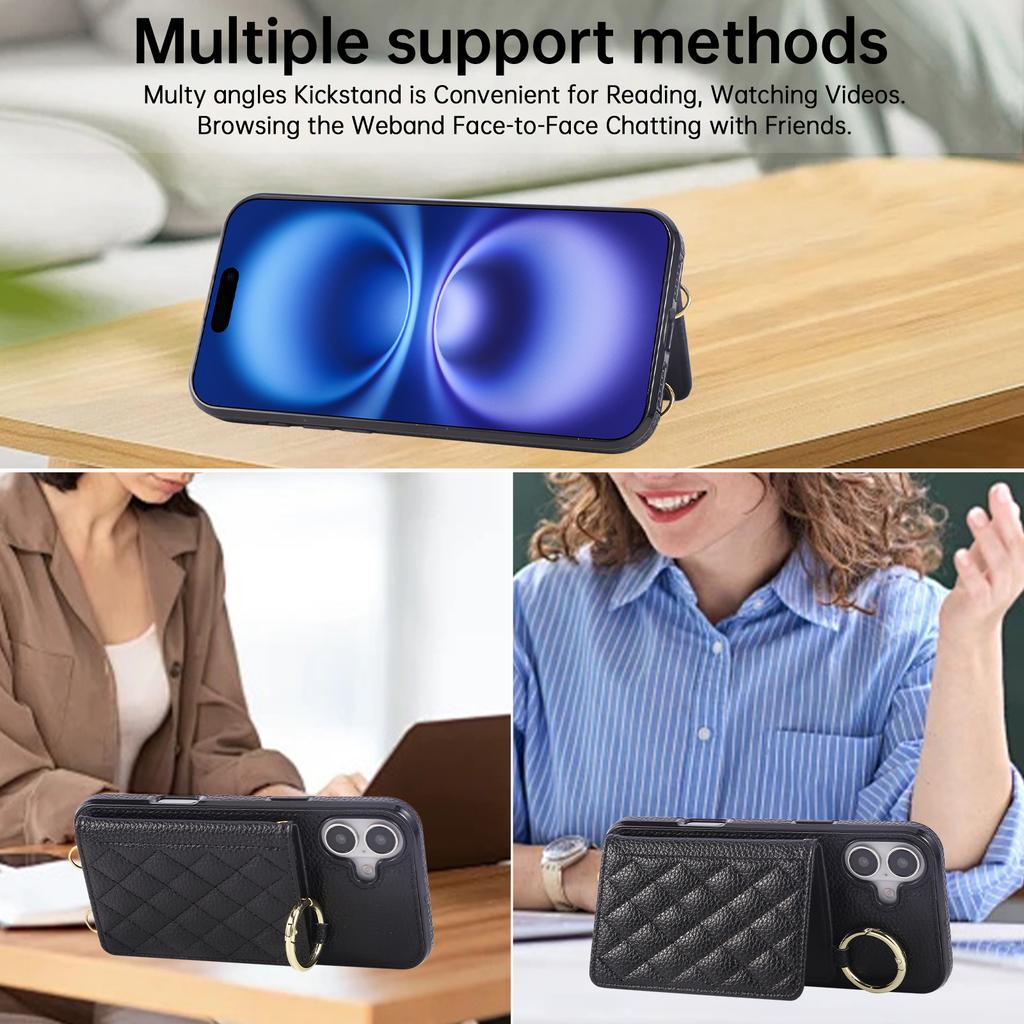 Für iPhone 16 Hülle Ständer Raute Leder+TPU Handyhülle mit Schultergurt