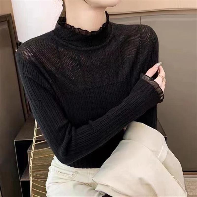Semi-turtleneck base women's autumn and winter new solid-color lace knitted top slim-fitting inner sweater women's trend