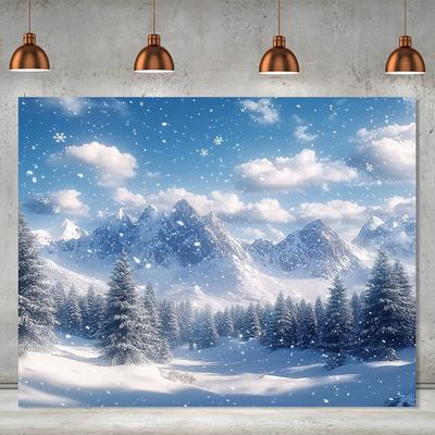 1Pcs Rustic Polyester Winter Wonderland Backdrop, Snowy Mountain and Forest Scene, Needed, Ideal for Christmas Yard Garden Decor