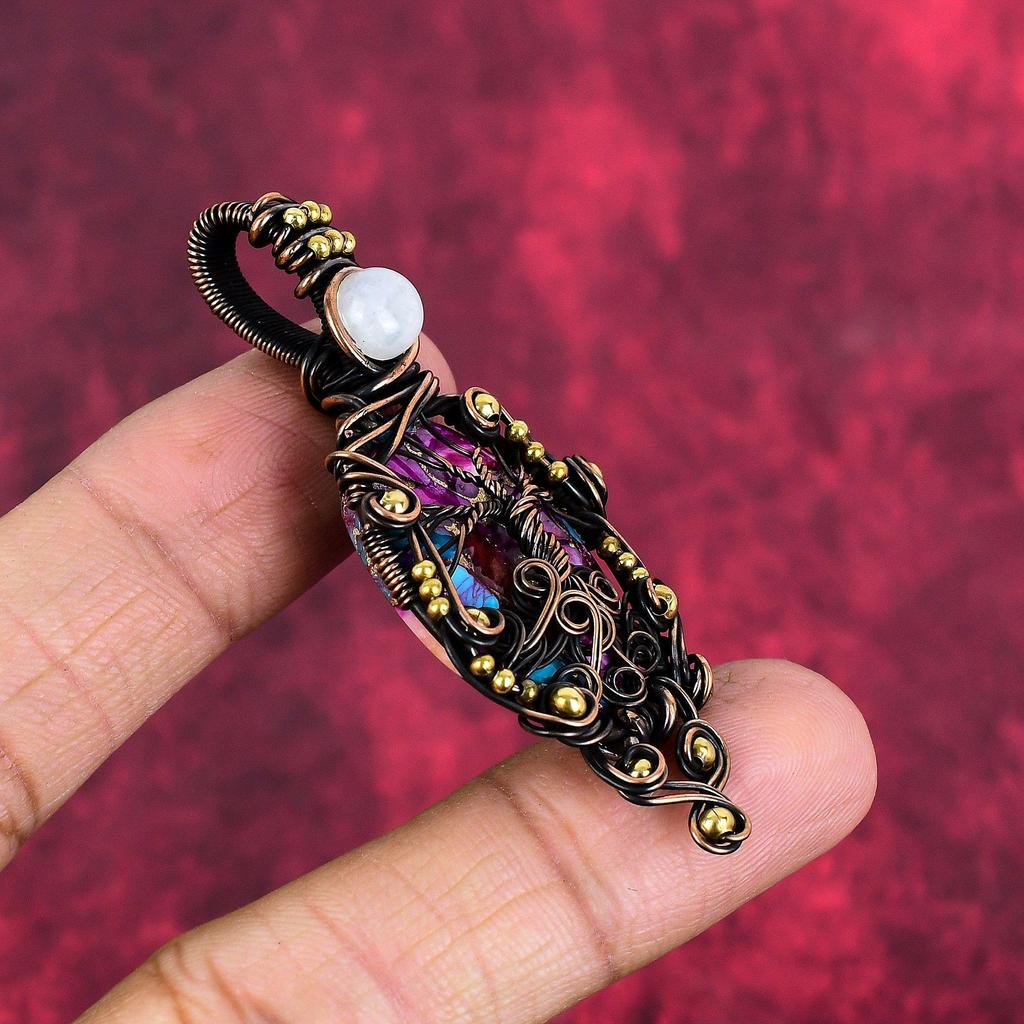 Tree of Life Natural Kingman Pink Dahlia Turquoise Pendant Copper Wire Wrapped Gemstone Pendant Handmade Moonstone Jewelry Gifts for Mother