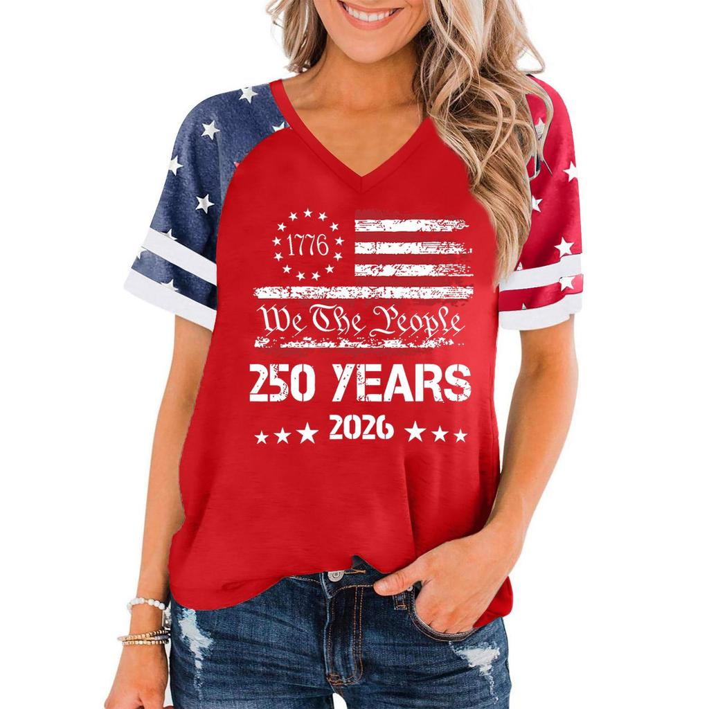 Women's Casual V Neck Short Sleeve Pullover T Shirt Independence Day Graphic Print Top 250 Years Commemorative Design 2026
