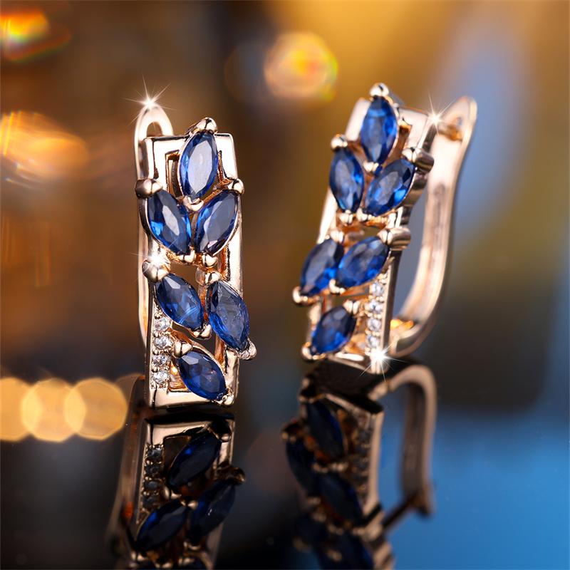 Marquise Cut Royal Blue Stone Horse Eye Leaf Hoop Earrings For Women Champagne Gold Color Vintage Zircon Ear Buckle Jewelry Gift