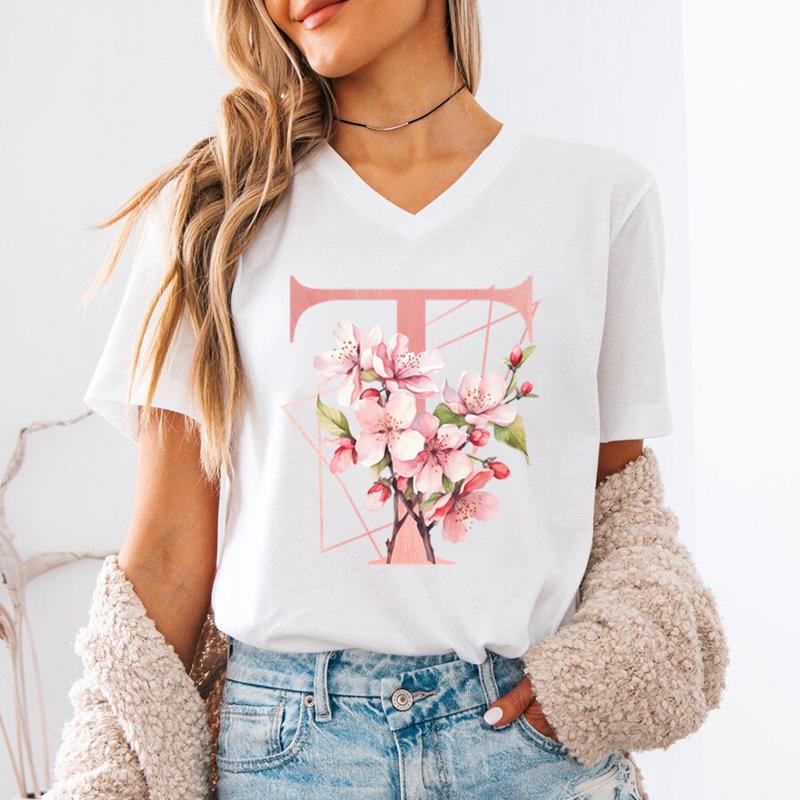 AZ 26 Alphabet Unisexs VNeck TShirt Pink Sakura Letter B Graphic T Shirts Unisex Letters ABCD Casual Tees Fashion Y2K Tops