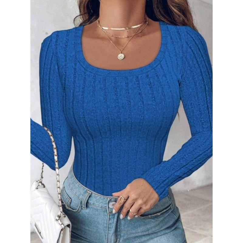 Autumn New European and American Amazon Fashion Solid round Neck Temperament Slim fit Long sleeves Shirt Top Bottoming Shirt Multi-Color