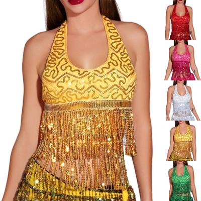 Top de damă fără bretele cu paiete, Costum de performanță cu ciucuri pentru dans din buric