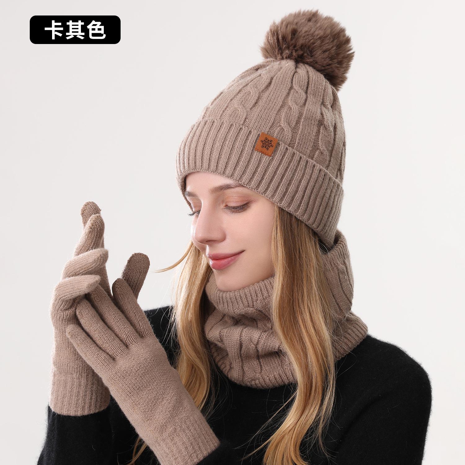 

Winter knitted hat, gloves hat, scarf three-piece set, winter women s outdoor riding double-layer knitted hat