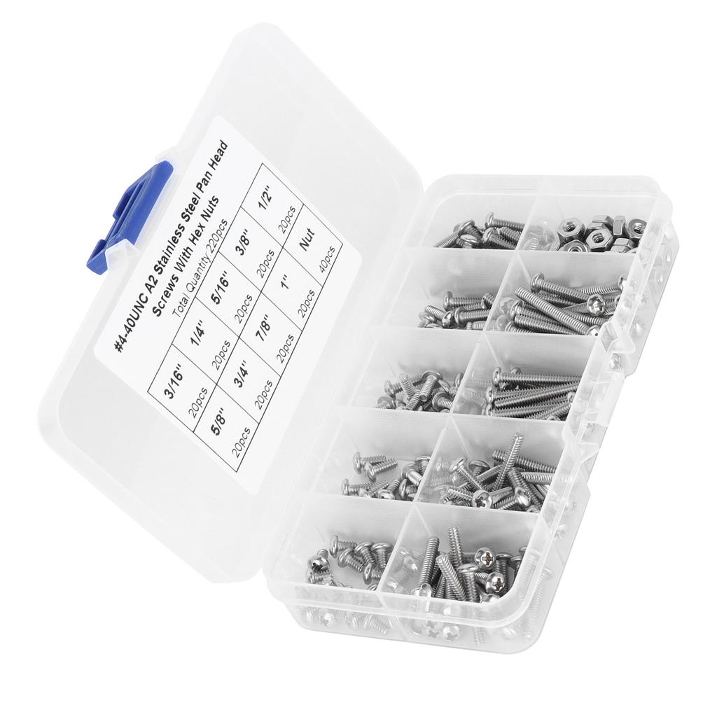 304 Stainless Steel Screws Cross Pan Head Screws with Hex Nuts Washers Screw Kit220pcs #4 40UNC