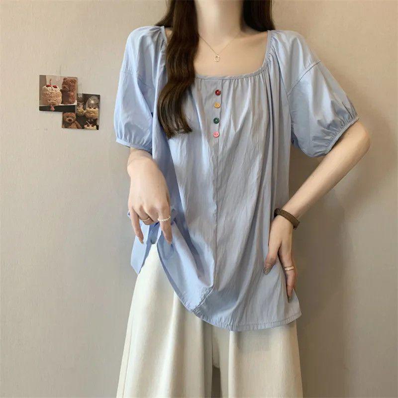 

Women s Plus Size Square Neck Short Sleeve Slimming Button Top - Summer 2025 Collection 3XL синий