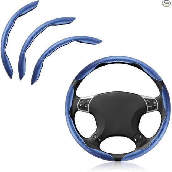 Carbon Fiber 3PC Steering Wheel Cover, Universal Non Slip Matte Blue-3PC