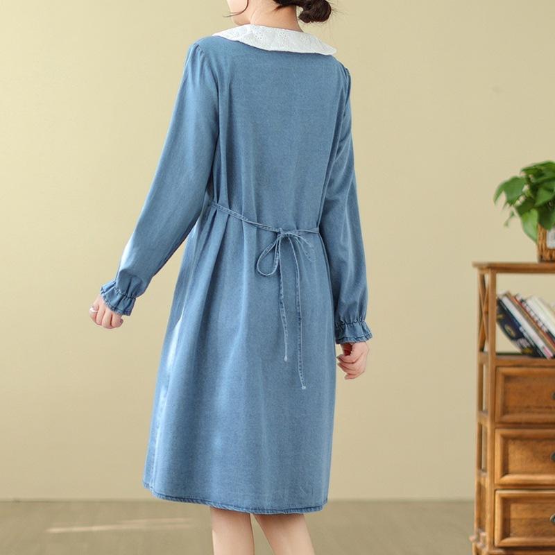 2025 Spring and Autumn New Lace Splicing Long-sleeved Denim Shirt Skirt Women's Loose and Thin Big Lapel Dress