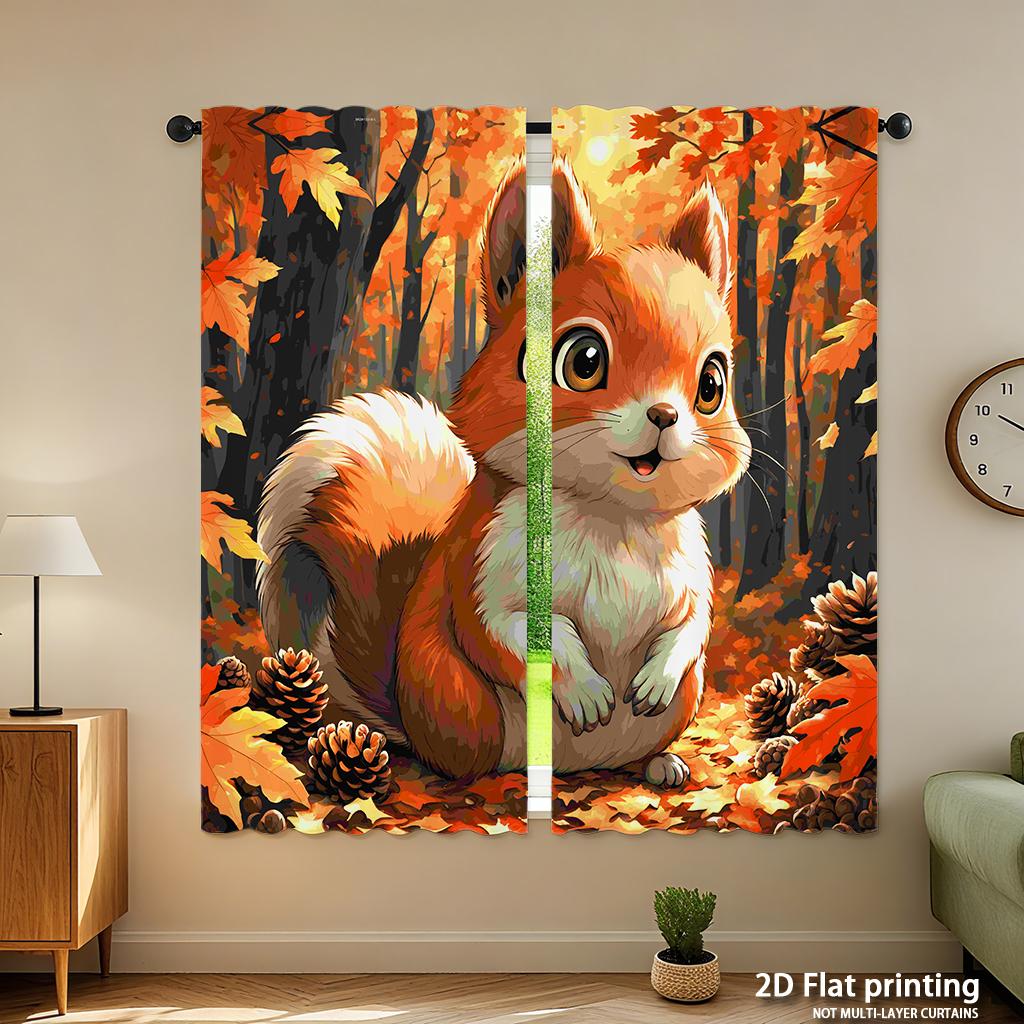 Piece Set High Definition Digital Printed Curtainsautumncolorfulsquirrelwithmapleleavespineconesforeststylehome Decoration Curtain Polyester Washable