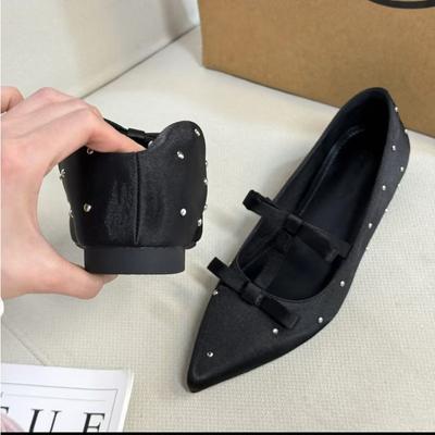 New Inner Height Increase 5cm Polka Dot Satin Pointed Shoes Bow Commuting Versatile Temperament Small Single Shoes Women