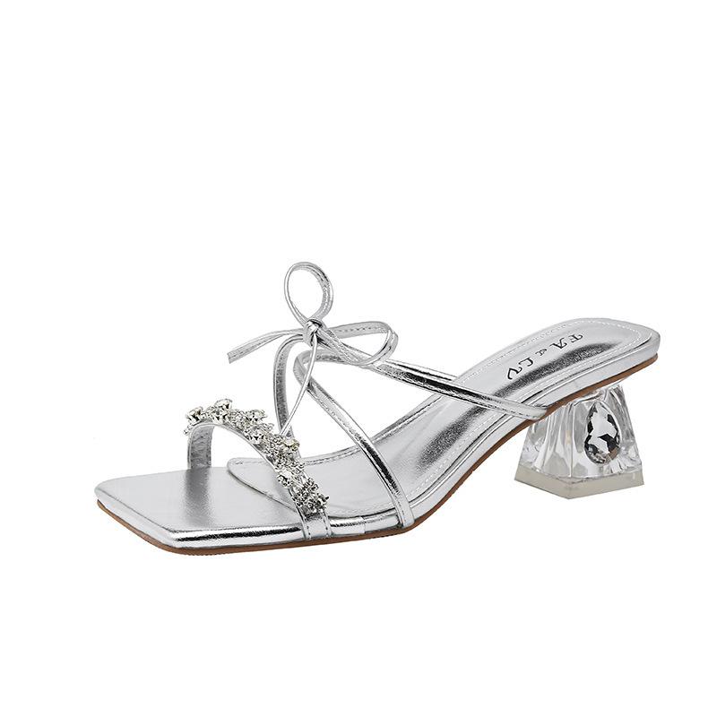 Sheepskin! Summer slippers wear women's fashion rhinestone silver bow with skirt thick heel exquisite sandals