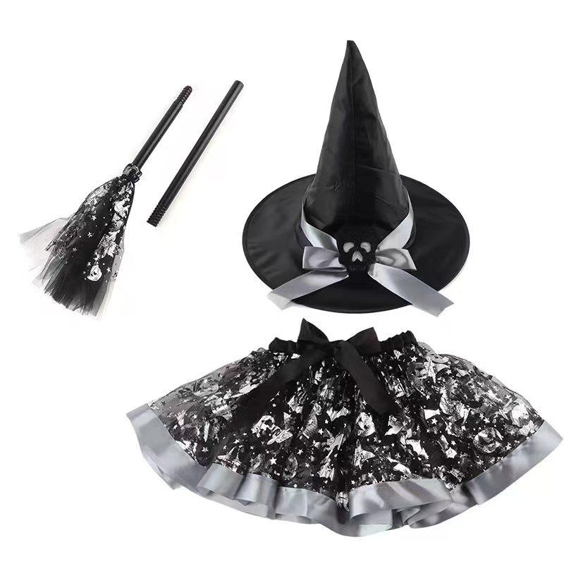 Halloween Pumpkin Dress Set Witch Broom Witch Hat Set European and American Printed Mesh Skirt Set