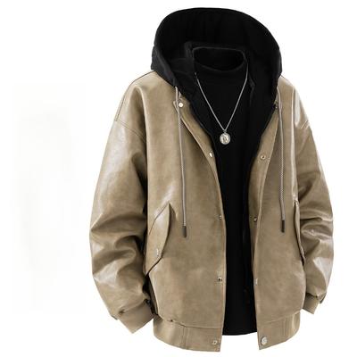 Spring and Autumn New Hooded Fake Two-piece Leather Jacket Men's Riding Motorcycle Street Riding Leather Jacket