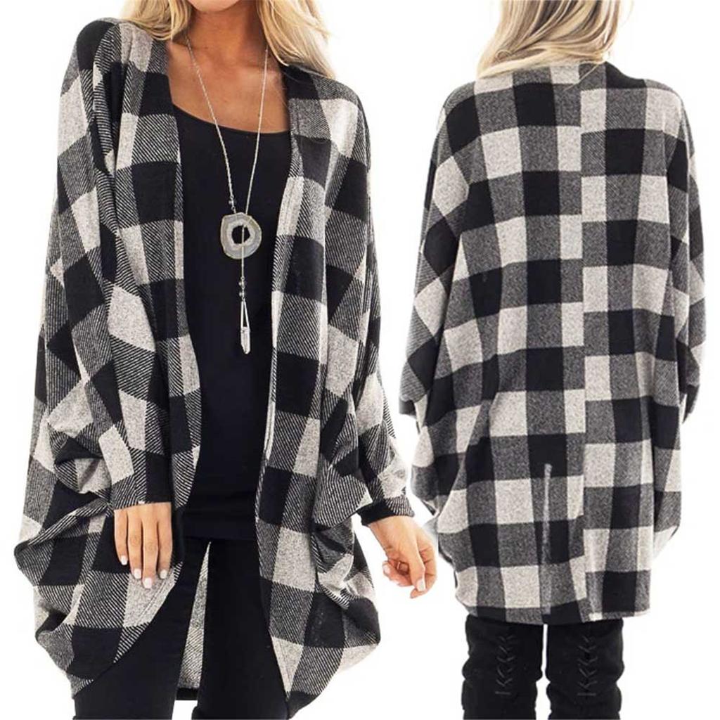 Long Sleeve Open Front Cardigans For Women Casual Plaid Patchwork Outwear