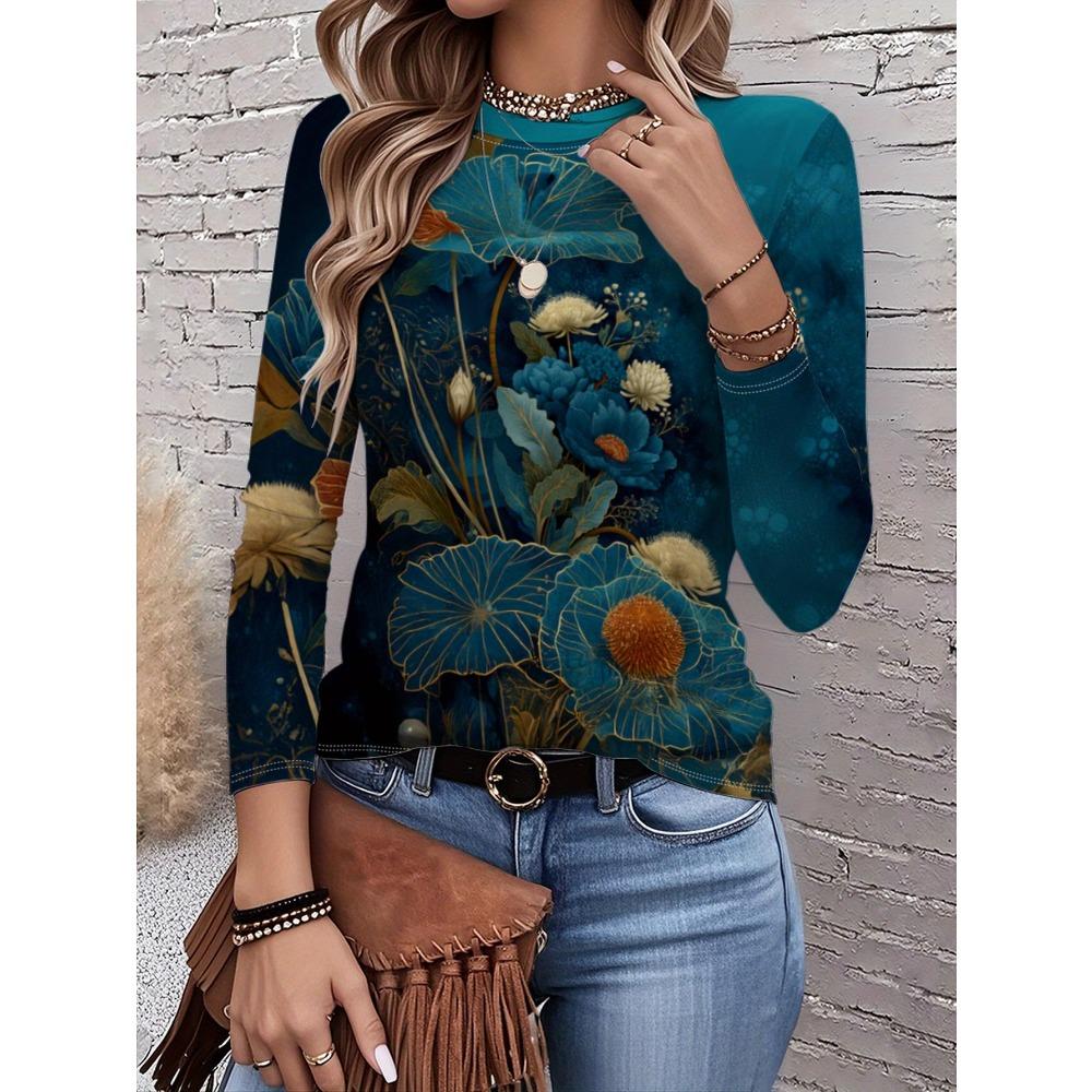 Women's Turquoise Floral Print Long Sleeve T-Shirt Polyester Crew Neck Blouse, Botanical Top for Spring
