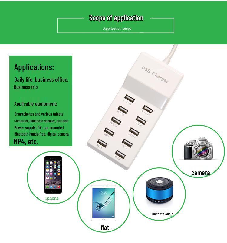 10-Port USB Charger 5V2A Smart Fast Charging Hub for Apple and Xiaomi Devices