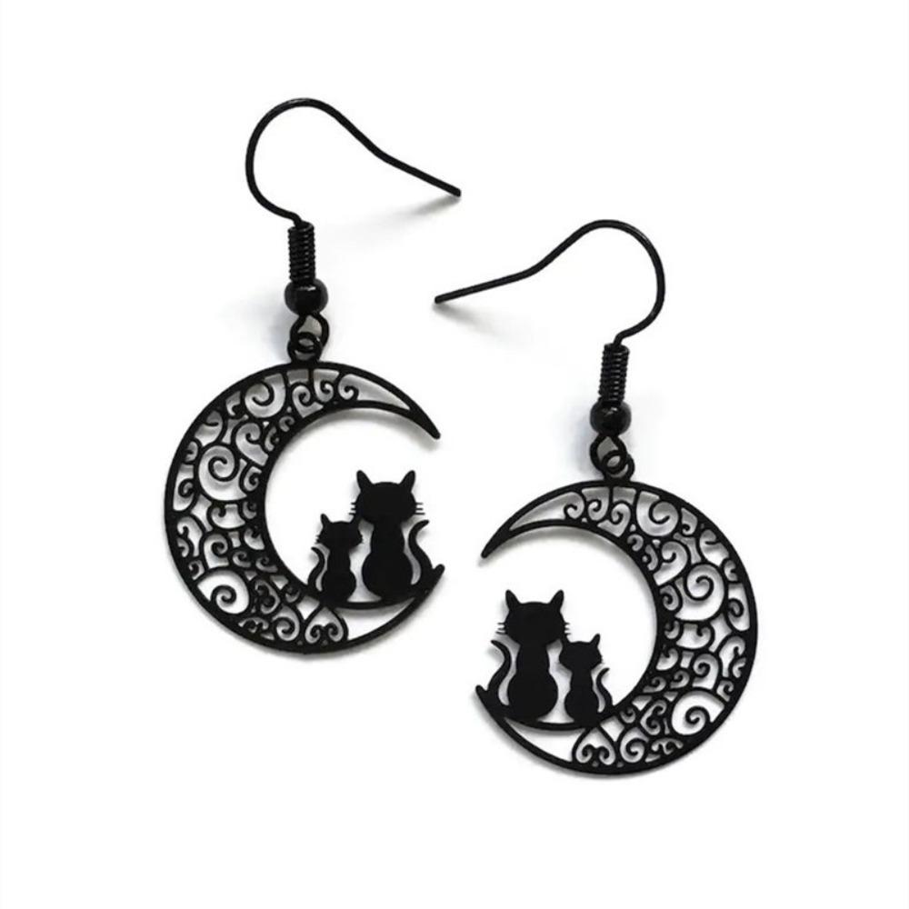 Charm Gothic Black Bowknot Hollowed-out Crescent Moon Kitten Dangle Earrings for Women Halloween Party Witch Jewelry Accessories