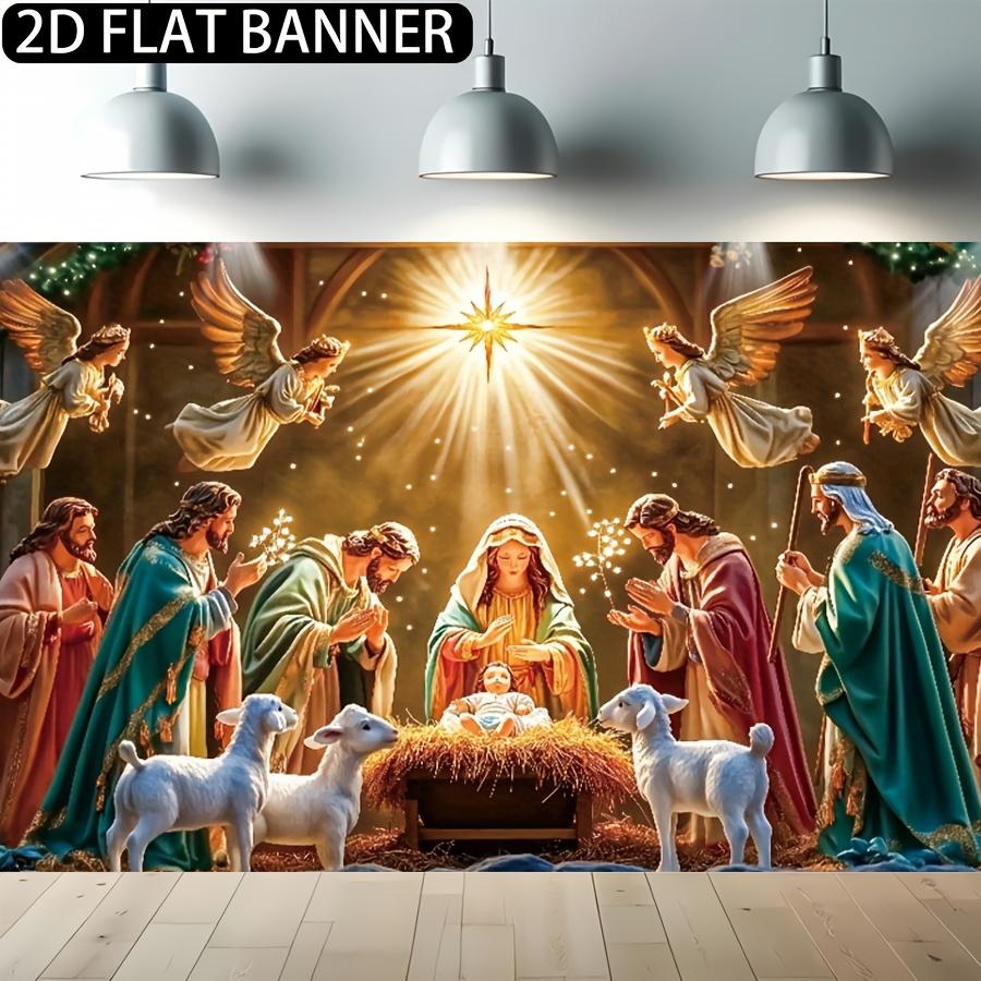 1pc Christmas party banner made of polyester material with a background image of the Nativity of Jesus suitable for indoor an