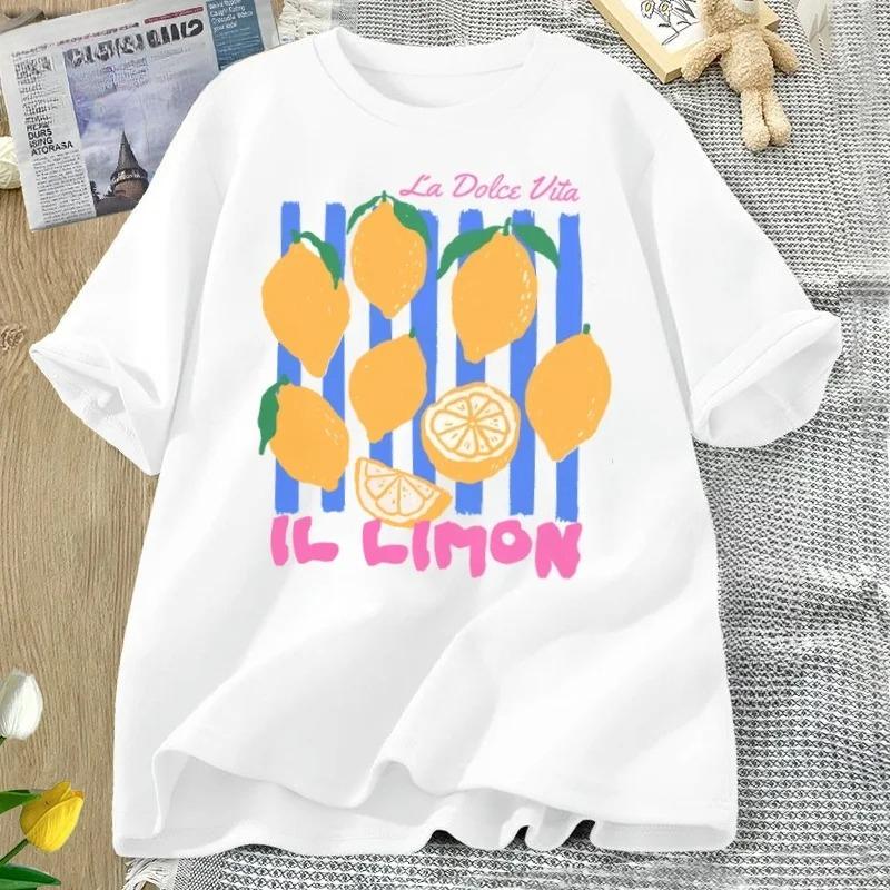 Lemon Tshirt Women Y2K Aesthetic Vintage Graphic Tees Italian Summer Fruit Loose Fit cheap Women clothing with free shipping