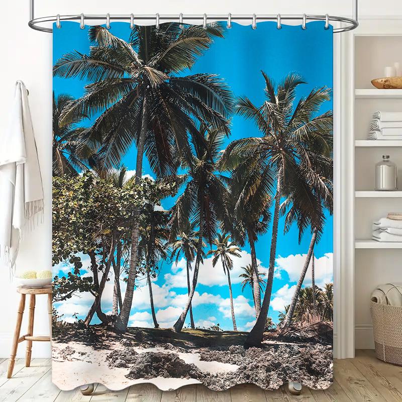 Beach Vibes Shower Curtain Blue Sky Palm Tree Design for Bathrooms Decorations Printed Fabric Size Customizable