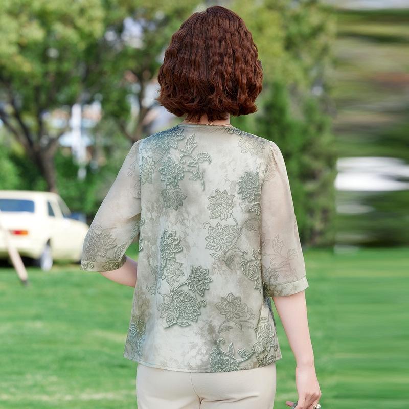 Mom's Chinese Style Blouse: Summer 2025 Chiffon Seven-Sleeve Top for Middle-Aged and Elderly Women