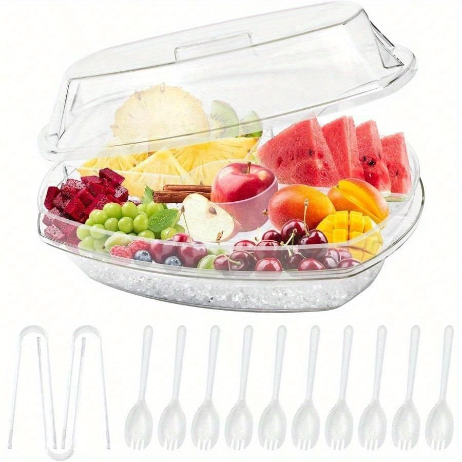 

Iced Ice Tray with Lid Transparent Service Compartment Box for Fruits and Vegetables Tray To Keep Food Cool and Fresh. Clear