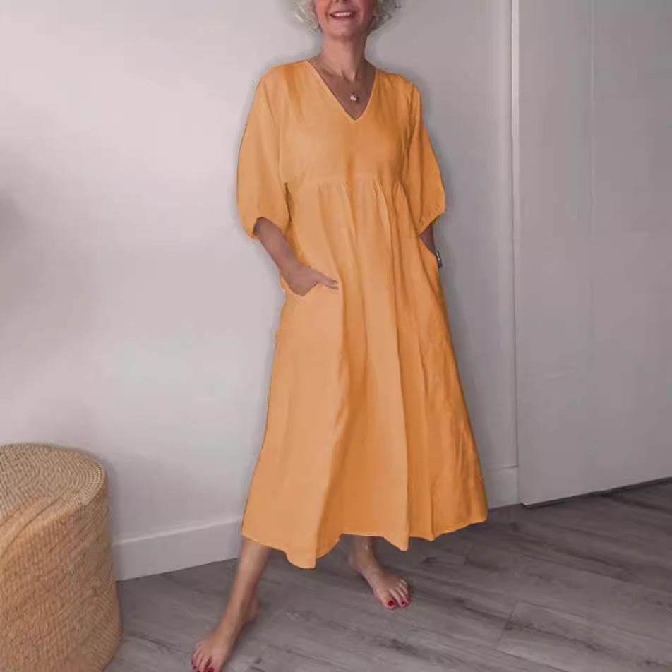 European & American Autumn Women's Cotton Linen Deep V-Neck Ruffled Casual Pocket Dress