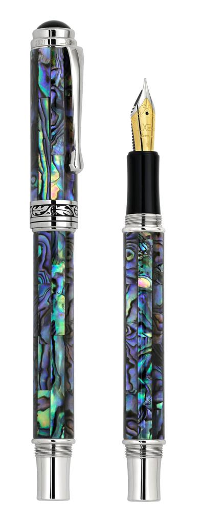 Xezo Maestro Fountain Fine Natural Abalone Pure Platinum Limited Serialized Pen, Nib, Shell, Plated, Handmade, Edition,