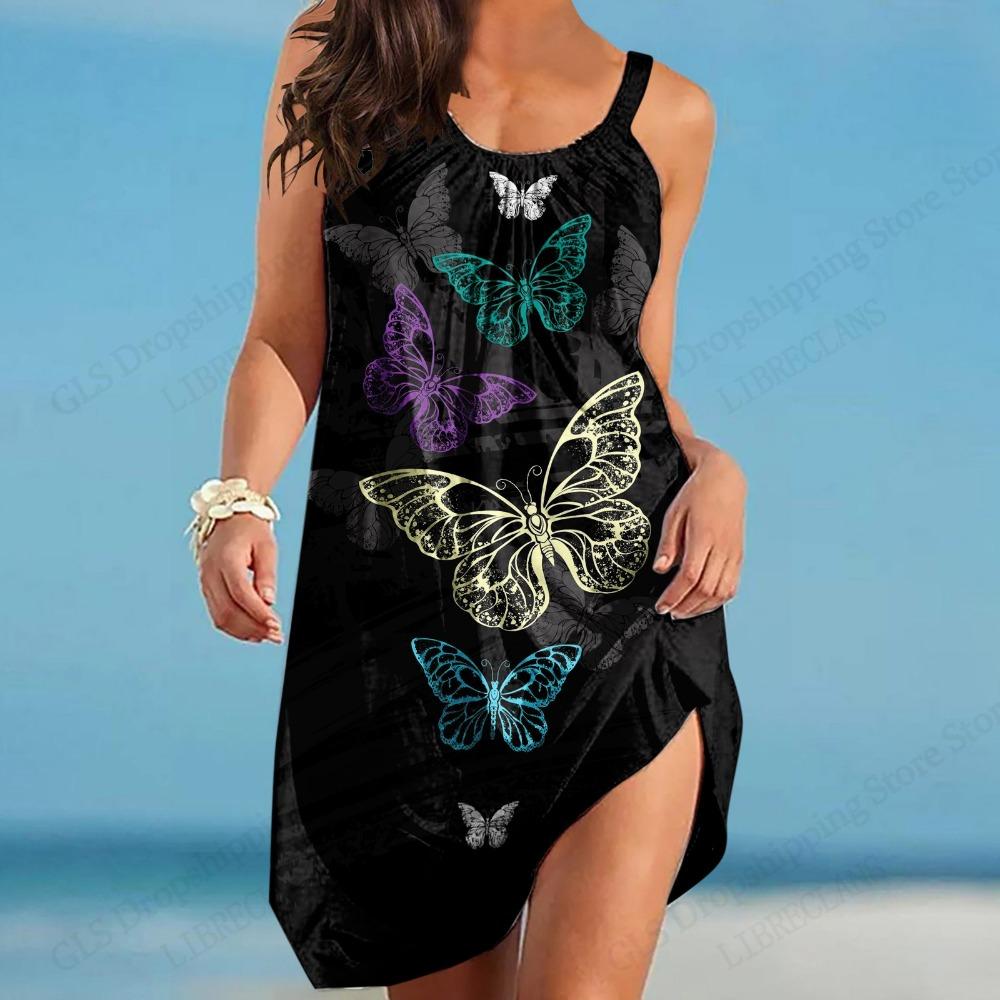 New Fashion Women Hawaiian Beach Dress Elegant Colourful Butterfly 3D Print Summer Midi Strap Bohemian Dresses Sleeveless Party