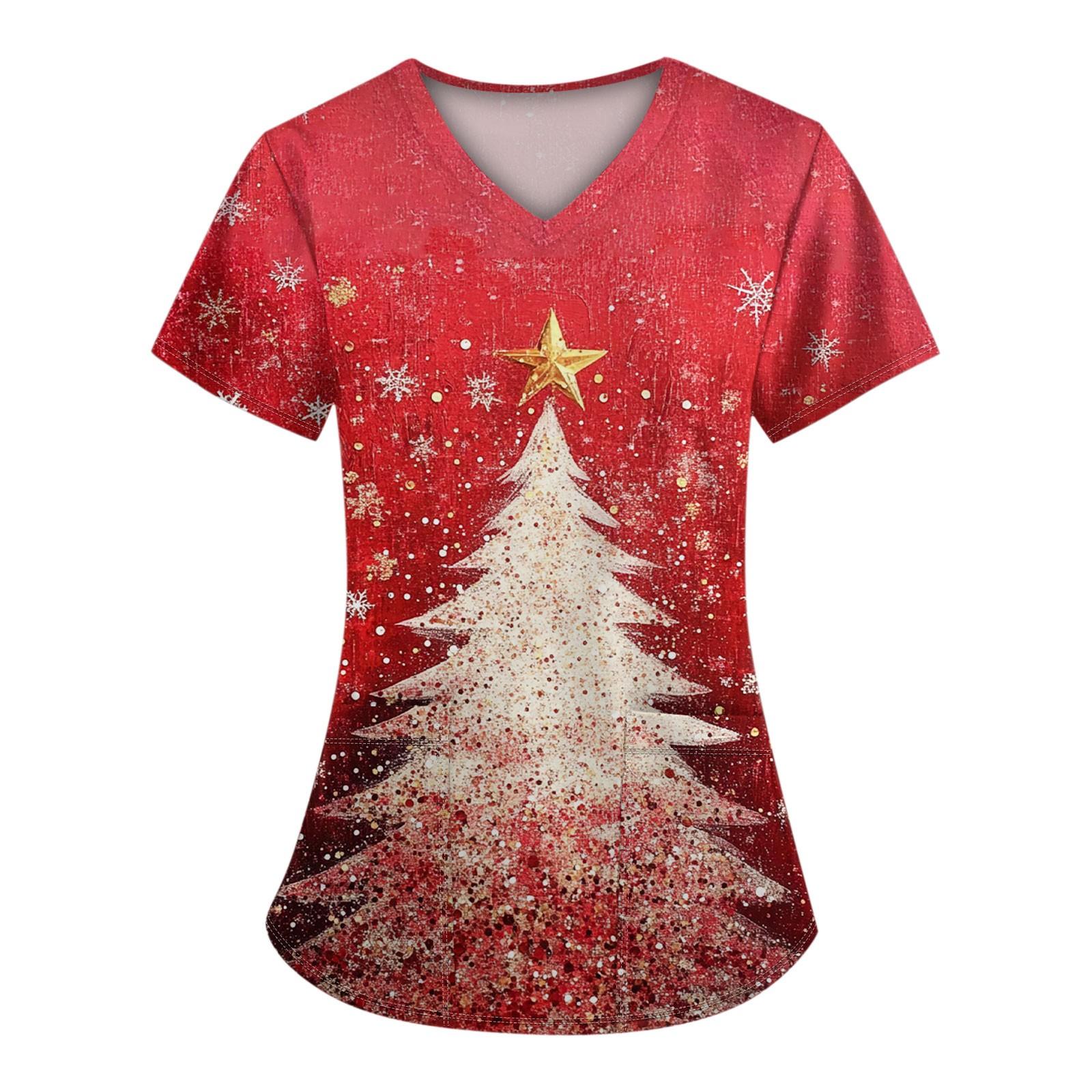 

Женский топ с короткими рукавами и рождественским принтом, V-образным вырезом и карманом S винный