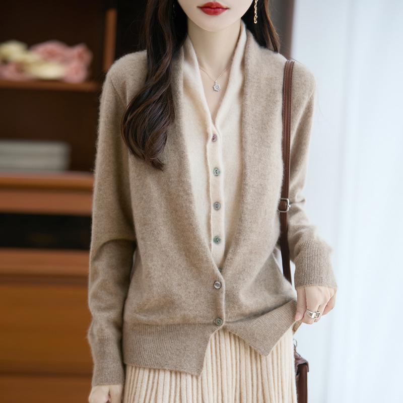 Women's French V-Neck Wool Cardigan - Faux Two-Piece, Long Sleeve, Color Block, Autumn/Winter Collection