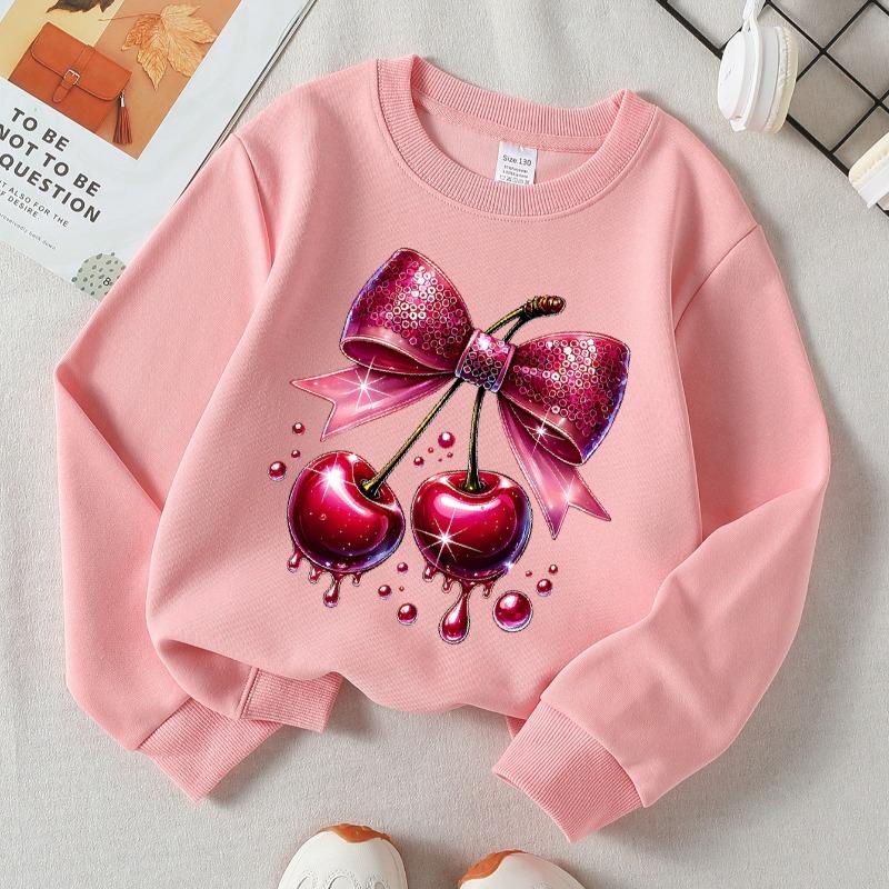 Kids Crewneck Long Sleeve Sweatshirt,Shiny Cherries with Sparkle Bow Print