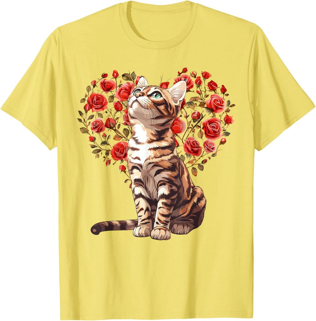 Bengal Cat Heart Rose Floral T-Shirt Cute Cat Lovers Casual Daily Graphic Tee