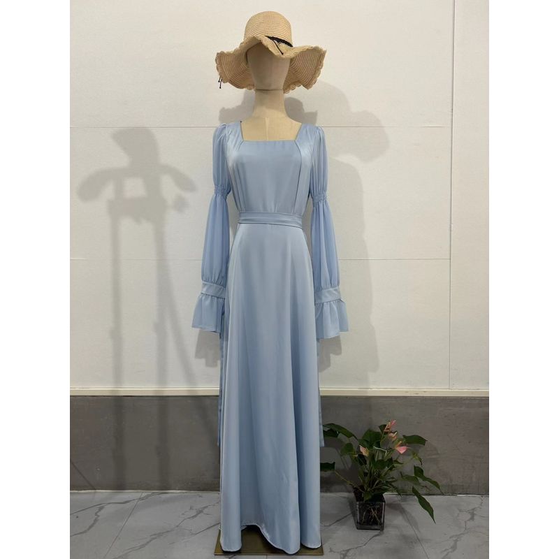

European and American Women clothes Fashion Long dress over the Knee French style Elegant Temperament Dress Women Long Dress Blue XXL
