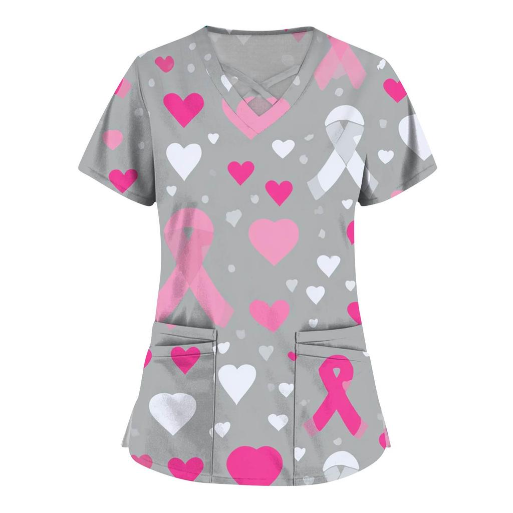 Women's Fashion  V-Neck Short Sleeve Overalls Double Layer Pocket Printed Tops  Apparel