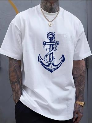Men's Summer 100 Cotton Fashionable Casual Sports Loose Boat Anchor Pattern Printed Round Neck Short Sleeved T-shirt Top