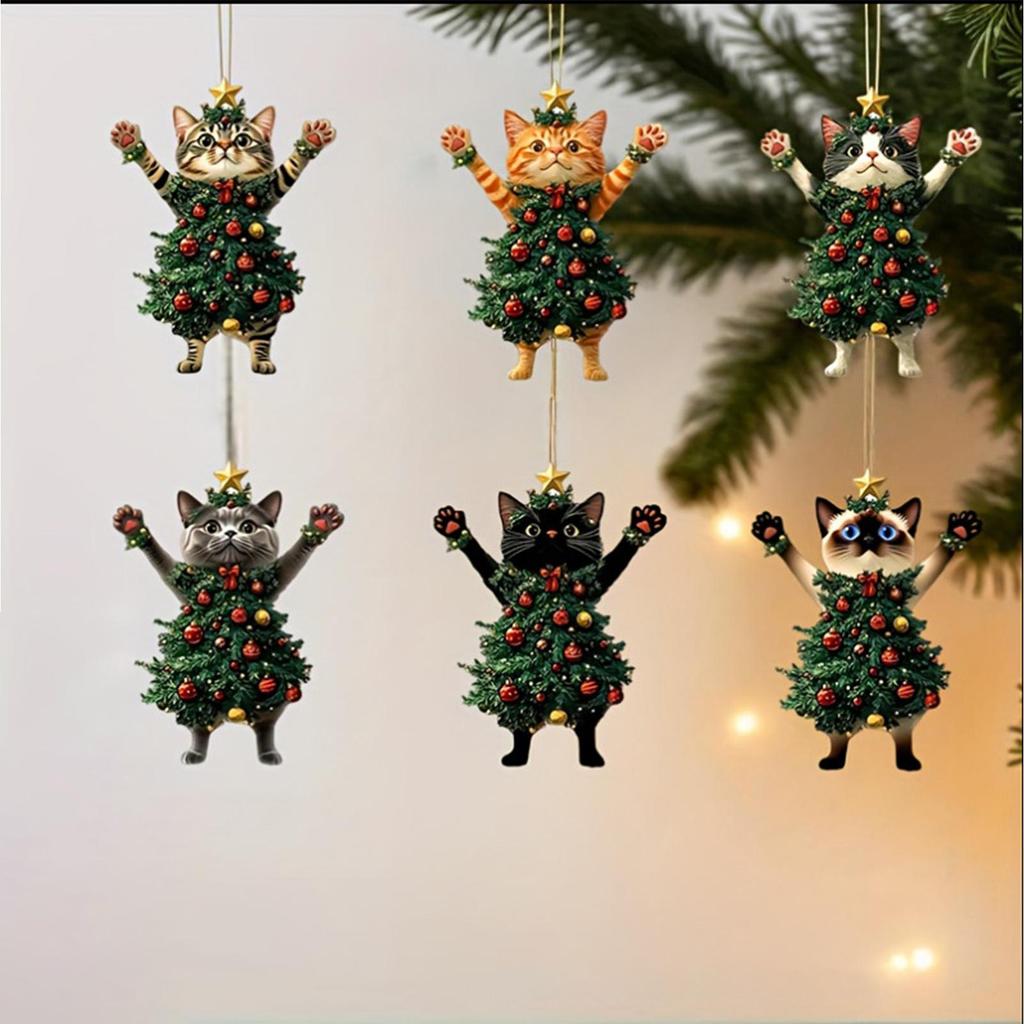 6PCS Christmas Tree Pendants Cute Cat Hanging Ornaments 2D Flat Wooden Pendant For Car Backpack Xmas Tree Decorations Party