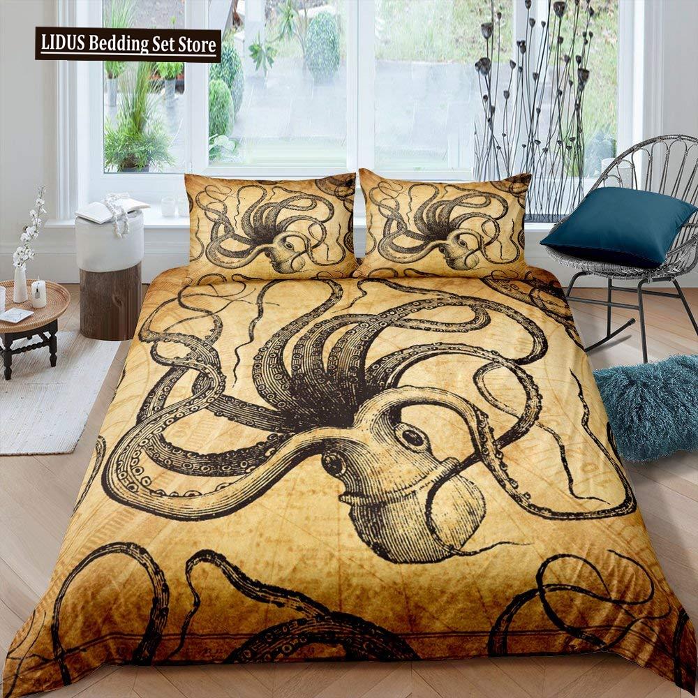 Nautical Duvet Cover Set Boat Pirate Bedding Set King Size Retro Sailboat Brown Comforter Cover Anchor Compass Vintage Quilt Set