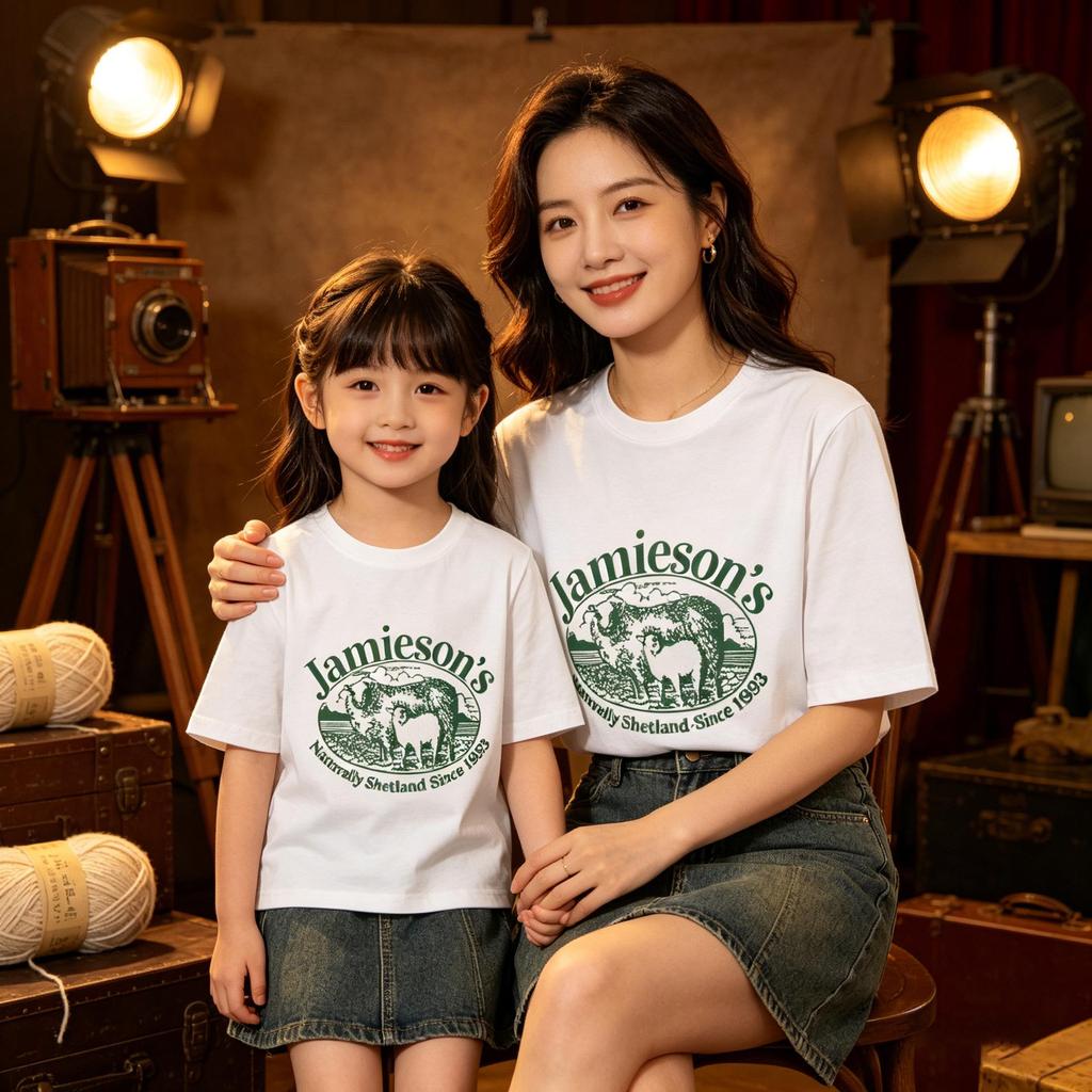 100% Baumwolle Lamm-Print Mutter-Tochter Partnerlook Kurzarm T-Shirt - Rundhals, Lässiges Oberteil
