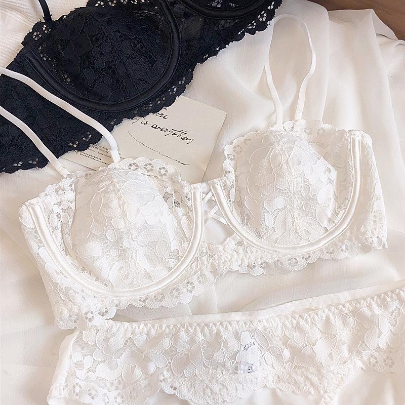 French Lace Gathering Underwear Half Cup Embroidery Soft Steel Ring Bra Thin Cotton Big Chest Small Sexy Bra