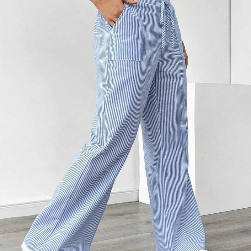 Women's Striped Wide Leg Pants Drawstring Waist Loose Fit Casual Trousers
