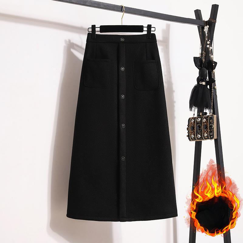 

Женский костюм шерстяная юбка для женщин зимой плюс бархат плюс бархат большой размер Fat Mm утягивающая и уменьшающая возраст А-силуэт разрез прямая длинная юбка 4XL